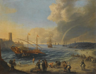 a Mediterranean harbor scene with an Ottoman barge and other boats, characters on the beach, a rainbow in the distance - Cornelis de Wael — artwork view