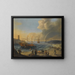 a Mediterranean harbor scene with an Ottoman barge and other boats, characters on the beach, a rainbow in the distance - Cornelis de Wael — framed artwork on a wall