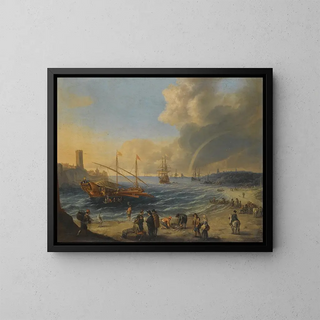 a Mediterranean harbor scene with an Ottoman barge and other boats, characters on the beach, a rainbow in the distance - Cornelis de Wael — framed artwork on a wall