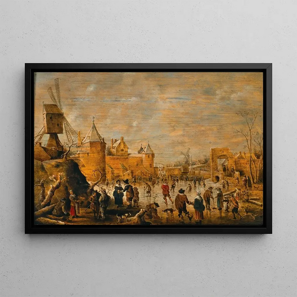 Skaters on a frozen canal with fortifications beyond - Cornelis Droochsloot — framed artwork on a wall