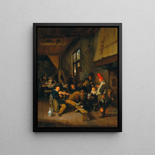 a tavern interior with peasants drinking - Cornelis Dusart — framed artwork on a wall