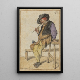 Peasant Painting smoking - Cornelis Dusart — framed artwork on a wall