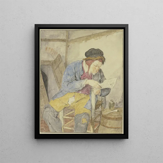 Reader of a newspaper at a barrel - Cornelis Dusart — framed artwork on a wall