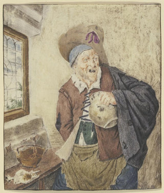 a ragged farmer at a window with a jug in hand - Cornelis Dusart — artwork view