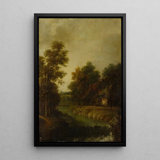 Farms by a river with rapids - Cornelis Gerritsz Decker — framed artwork on a wall