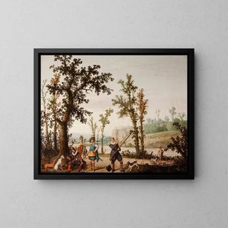 Landscape with Hunters - Cornelis Hendricksz Vroom — framed artwork on a wall