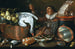 Interior kitchen painting with a drinker, copper and pewter vessels, game, and fruits - Cornelis Jacobsz Delff — artwork view
