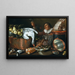 Interior kitchen painting with a drinker, copper and pewter vessels, game, and fruits - Cornelis Jacobsz Delff — framed artwork on a wall