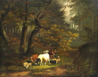 Interior forest painting with a small cow and a flock of sheep - Cornelis Johannes de Vogel — artwork view
