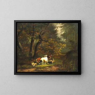 Interior forest painting with a small cow and a flock of sheep - Cornelis Johannes de Vogel — framed artwork on a wall
