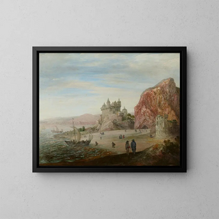 Coastal landscape painting with granite cliffs - Cornelis Johannesz Liefrinck — framed artwork on a wall