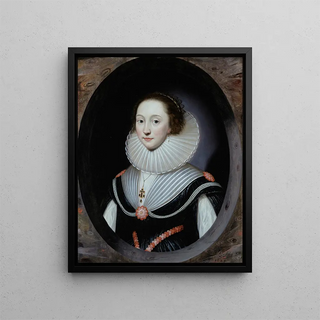 Portrait of a woman wearing a strawberry and a black dress - Cornelis Jonson van Ceulen — framed artwork on a wall
