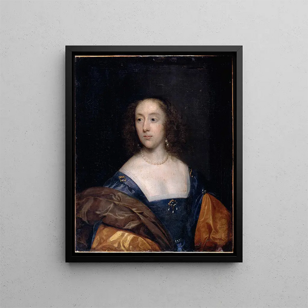 Portrait of a lady in blue - Cornelis Jonson van Ceulen — framed artwork on a wall