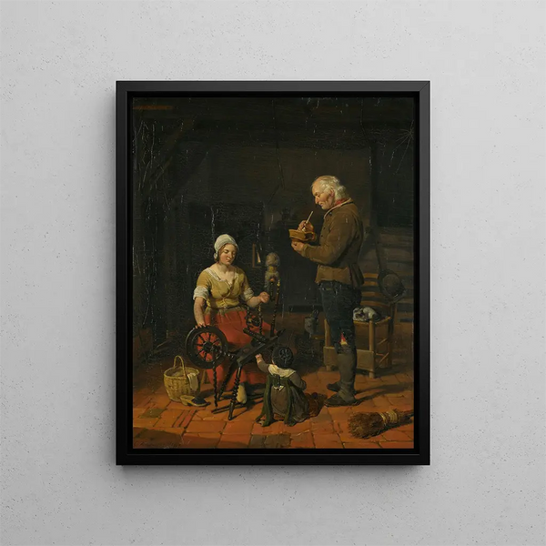 Family of peasants in their thatched cottage - Cornelis Kruseman — framed artwork on a wall