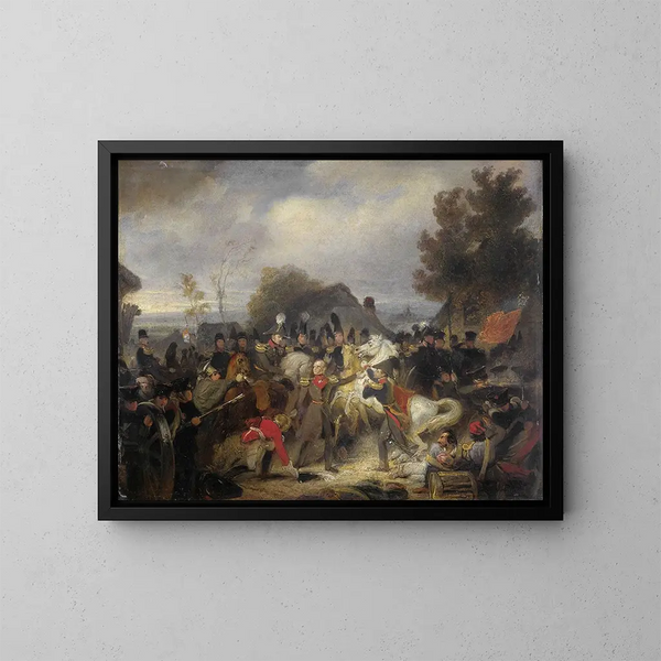The Prince of Orange changing his wounded horse during the engagement at Boutersem - Cornelis Kruseman — framed artwork on a wall