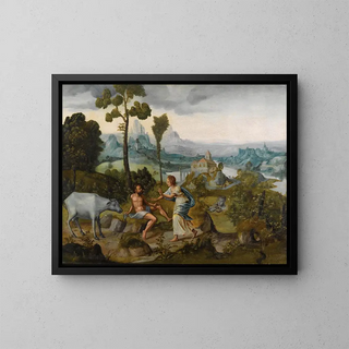 Landscape with Juno and Argus - Cornelis Massijs — framed artwork on a wall