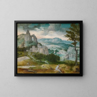 Landscape painting with Saint Jerome - Cornelis Massijs — framed artwork on a wall