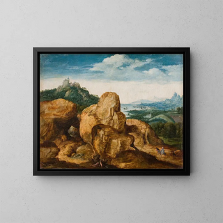 Landscape with the Flight into Egypt - Cornelis Massijs — framed artwork on a wall