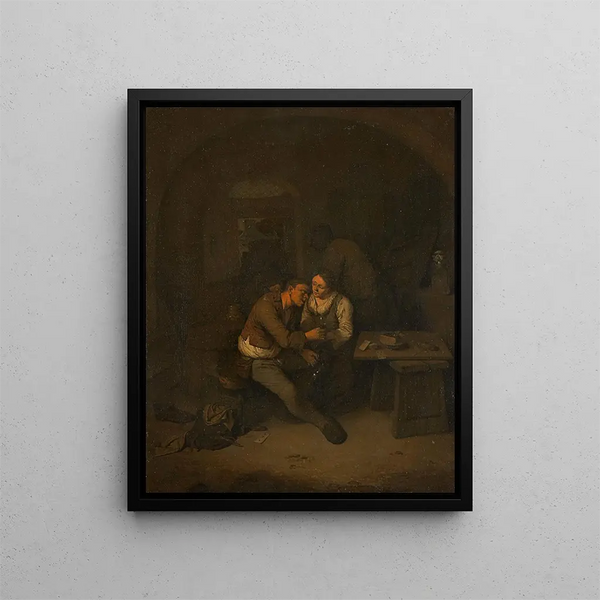 a Peasant and Servant in an Inn - Cornelis Pietersz Bega — framed artwork on a wall