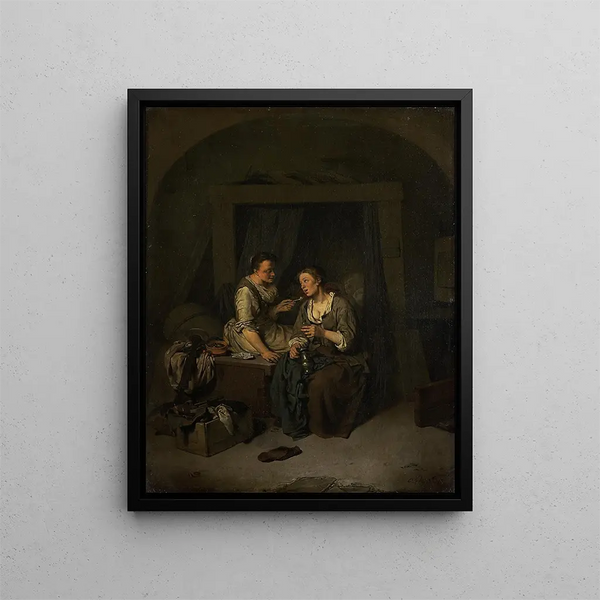 Two maids drinking and smoking - Cornelis Pietersz Bega — framed artwork on a wall