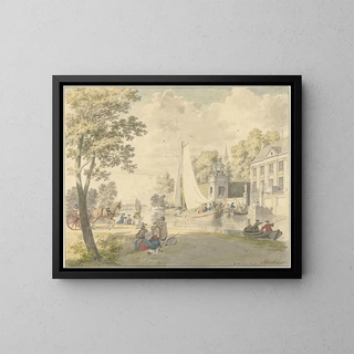 Summer landscape painting with pleasure boats - Cornelis Pronk — framed artwork on a wall