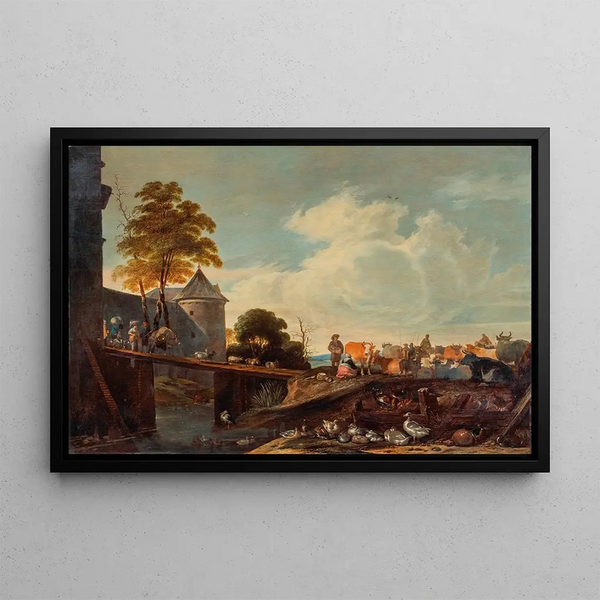 a Market on the outskirts of a fortified city with figures and animals crossing a bridge - Cornelis Saftleven — framed artwork on a wall
