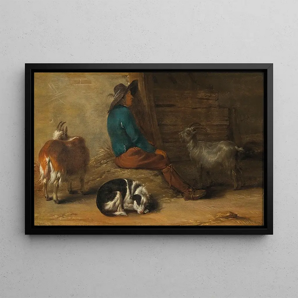a peasant resting with a dog and goats nearby - Cornelis Saftleven — framed artwork on a wall