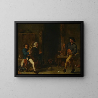 Scene in a Tavern - Cornelis Saftleven — framed artwork on a wall