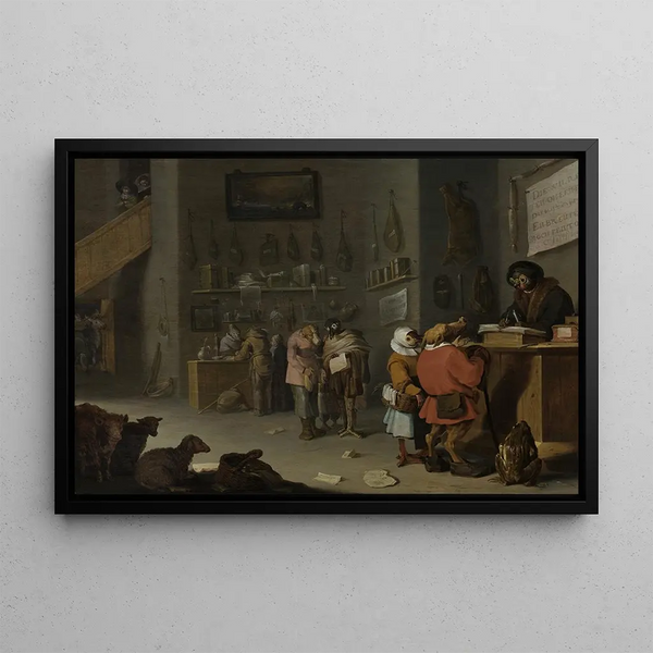 a woman chasing a cow - Cornelis Saftleven — framed artwork on a wall