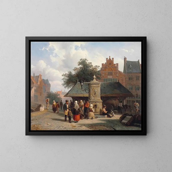 "Near the Well in a Dutch Town Square" by Cornelis Springer — framed artwork on a wall