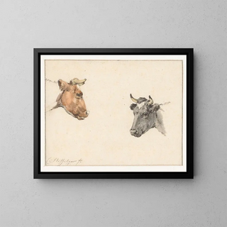 Study of two cow heads - Cornelis Steffelaar — framed artwork on a wall