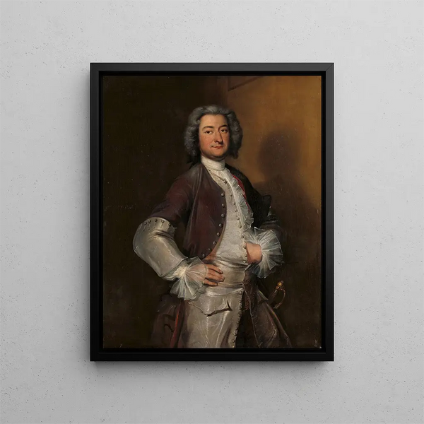Portrait painting of Isaac Sweers, chief officer of Amsterdam and governor of the Dutch East India Company - Cornelis Troost — framed artwork on a wall
