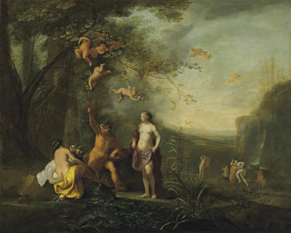 Bacchus, Venus and Ceres under a vine in a pastoral landscape with putti, nymphs, and satyrs - Cornelis van Poelenburch — artwork view