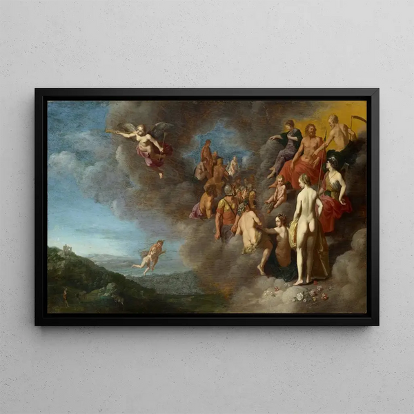Psyché carried to Olympus by Mercury - Cornelis van Poelenburch — framed artwork on a wall