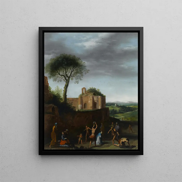The Martyrdom of Saint Stephen - Cornelis van Poelenburch — framed artwork on a wall