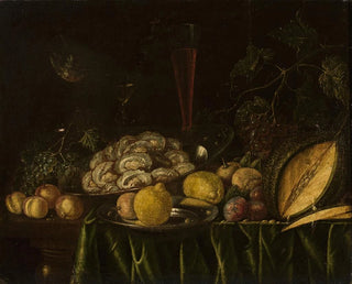 Still life with fruits, mussels, and a bird - Cornelis de Bryer — artwork view