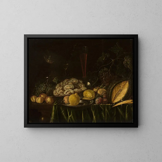 Still life with fruits, mussels, and a bird - Cornelis de Bryer — framed artwork on a wall