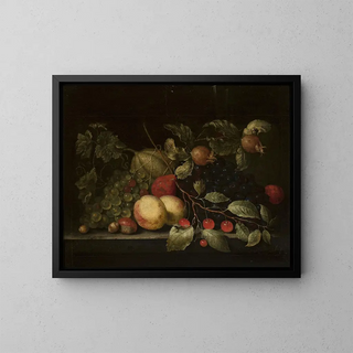 Still life with pomegranate and cherry branches - Cornelis de Bryer — framed artwork on a wall