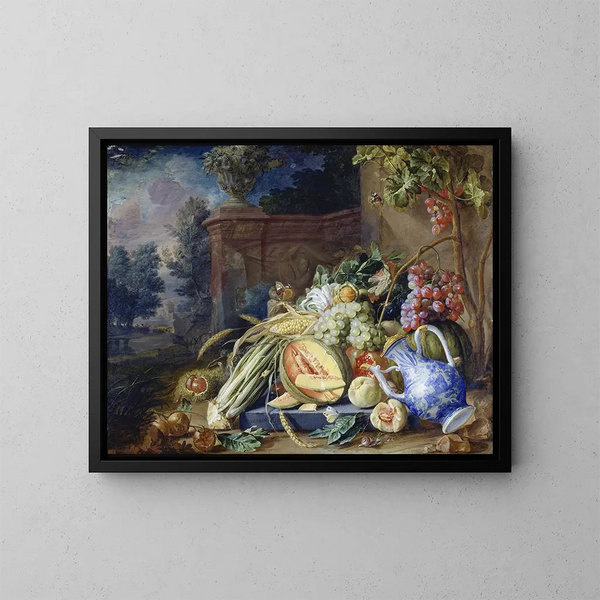 Still life with vegetables and fruits in front of a garden balustrade - Cornelis de Heem — framed artwork on a wall