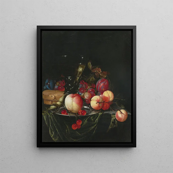 Still life with pears, grapes, and plums - Cornelis de Heem — framed artwork on a wall