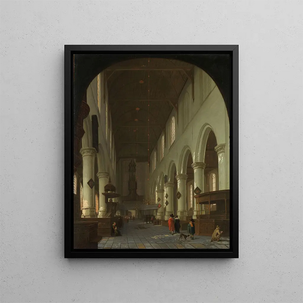 Interior painting of the Oude Kerk in Delft from the choir towards the portal - Cornelis de Man — framed artwork on a wall