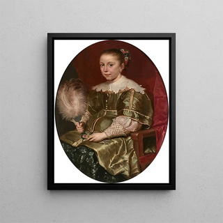 Portrait of a young girl with a fan - Cornelis de Vos — framed artwork on a wall
