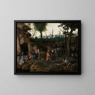 Landscape painting with nomadic families - Cornelis van Dalem — framed artwork on a wall