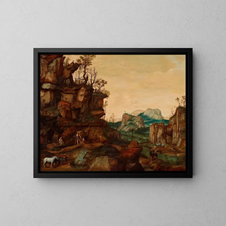 Landscape with Adam and Eve - Cornelis van Dalem — framed artwork on a wall