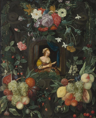 Portrait of a lady in a circle of flowers - Cornelis van Huynen — artwork view