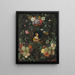 Portrait of a lady in a circle of flowers - Cornelis van Huynen — framed artwork on a wall