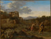 Mountain landscape painting of Italy with Abraham and Isaac on the way to sacrifice - Cornelis van Poelenburg — artwork view