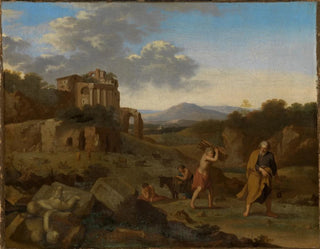 Mountain landscape painting of Italy with Abraham and Isaac on the way to sacrifice - Cornelis van Poelenburg — artwork view