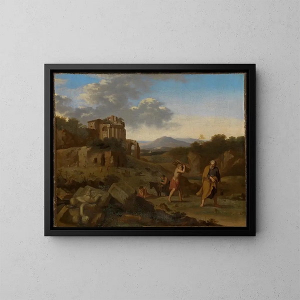 Mountain landscape painting of Italy with Abraham and Isaac on the way to sacrifice - Cornelis van Poelenburg — framed artwork on a wall