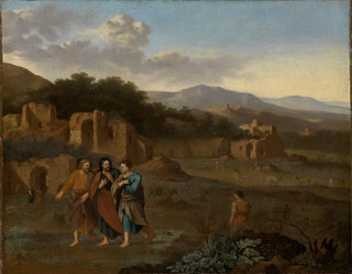 Mountain landscape painting with Christ and the two disciples on the way to Emmaus - Cornelis van Poelenburg — artwork view